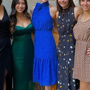 Blue pattern tie neck semi-formal dress